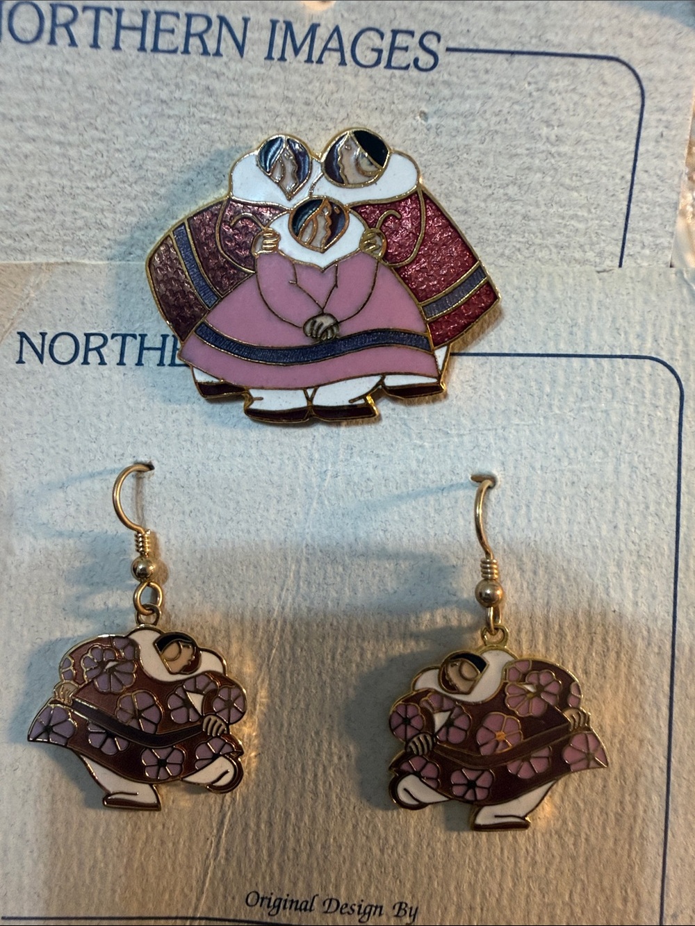 Vintage B Lavallee Purple Floral w Family Enamel Earrings & brooch set Guc